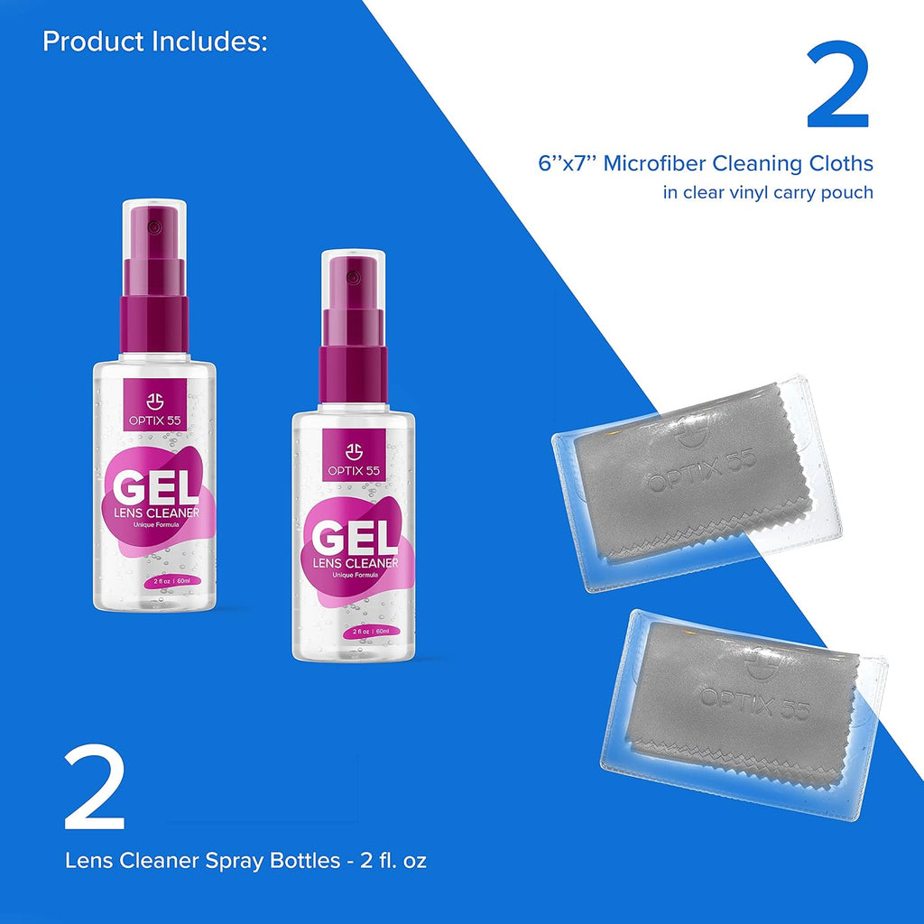 Gel Lens Cleaner Kit - (2) 2oz Eye Glasses Cleaner Gel Spray + (2) Microfiber Cleaning Cloths | Safe for AR Coated &