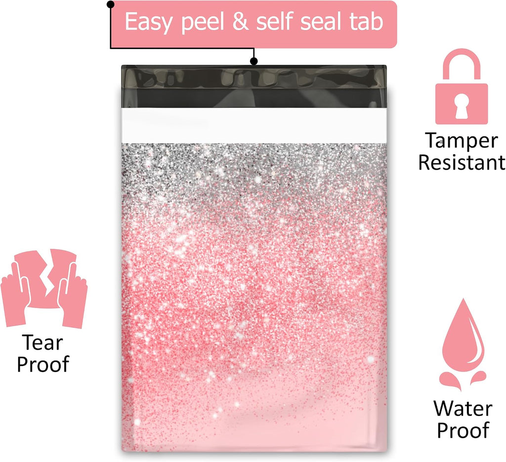 10x13 (100) Pink Glitter Transition Valentine's Day Designer Poly Mailers Waterproof Self Sealing Tear Resistant