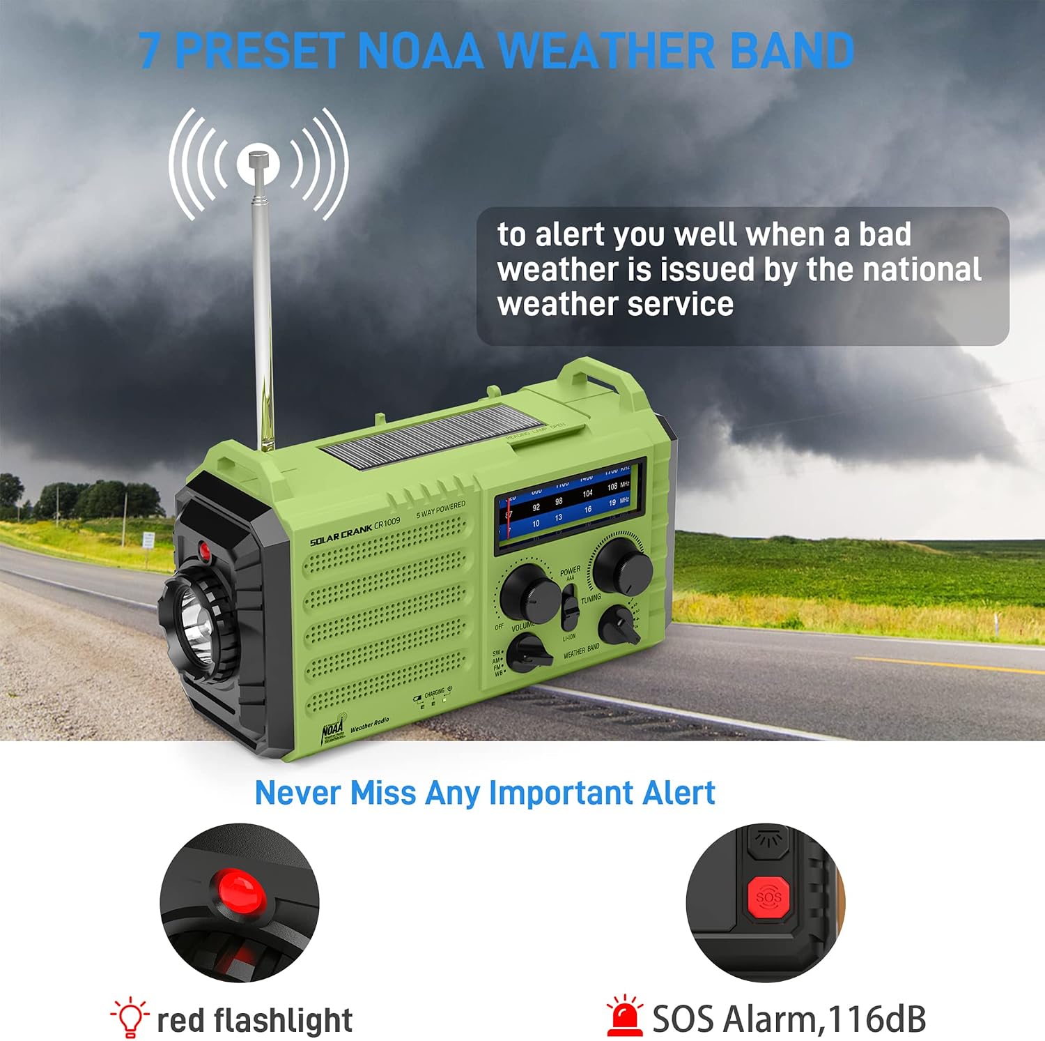 NOAA Weather Radio, Hand Crank Emergency Radio Solar Battery Operated AM FM | Portable Radio with AM/FM Shortwave