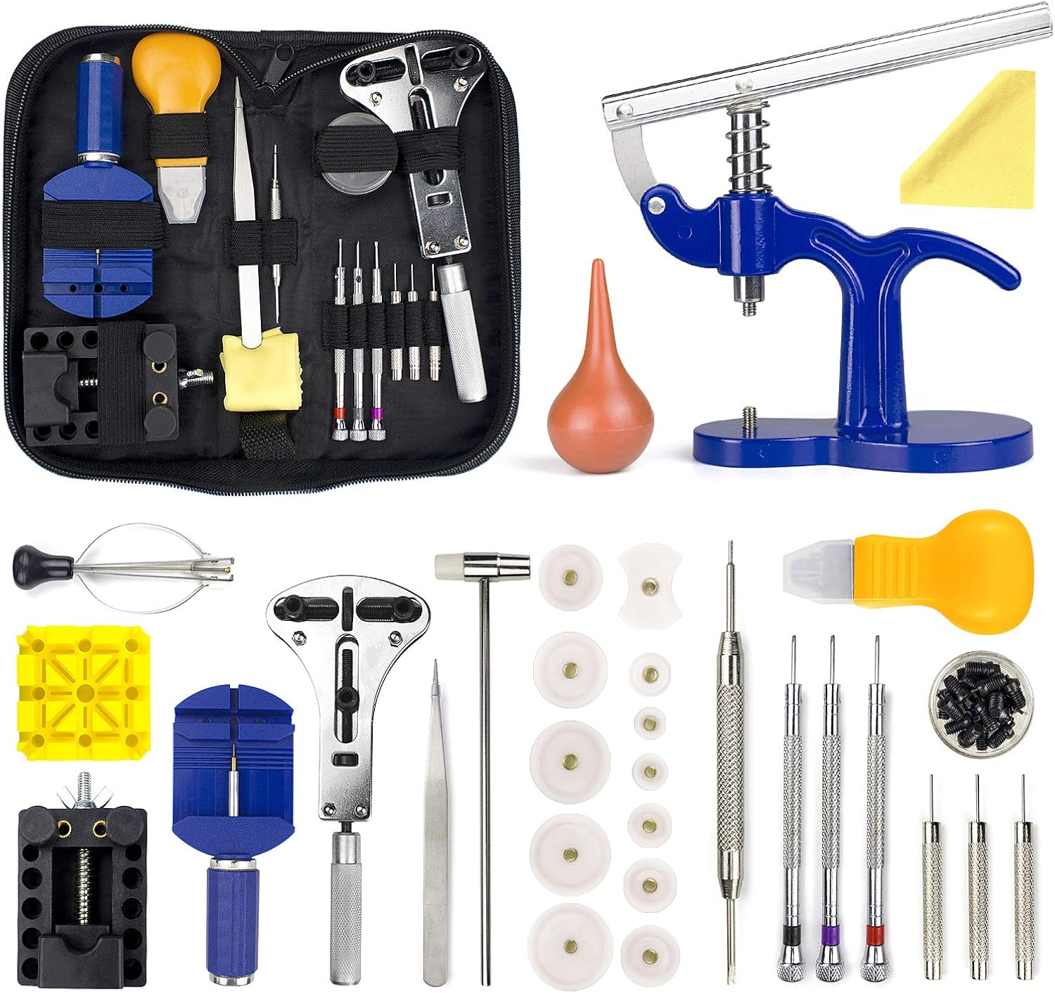 Watch Repair Kit + Watch Press Tool, Watch Battery Replacement Tool Kit | Watch Link Removal Kit with Carrying Case