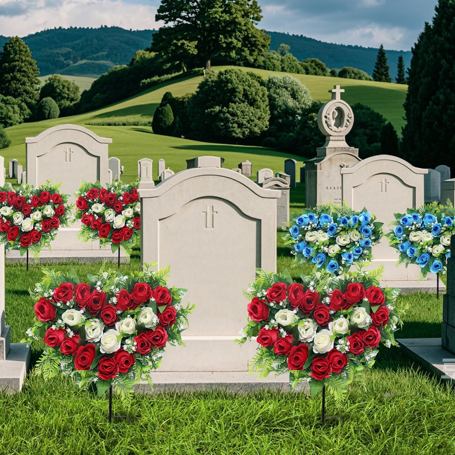 2 Sets Artificial Cemetery Flowers, Grave Memorial Flowers with Ground Spike,Heart Shaped Wreaths Rose Flowers for