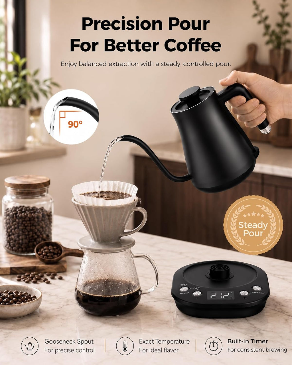 Gooseneck Electric Kettle with ±1℉ Temperature Control, 304 Stainless Steel Interior, BPA Free, 1200 Watt Rapid, Brew