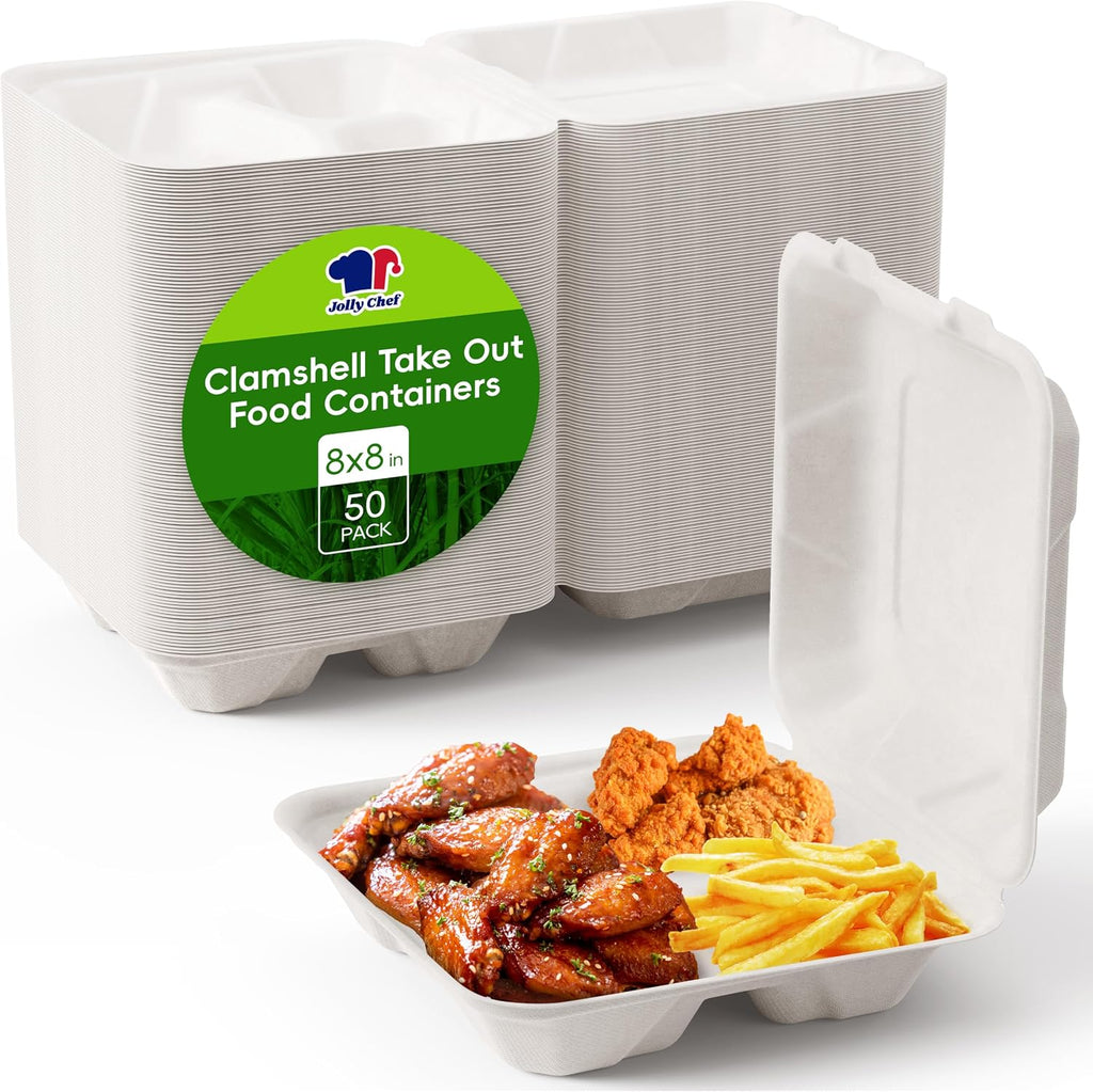 8" Sugarcane to go food containers, 3-Compartment Clamshell Food Containers