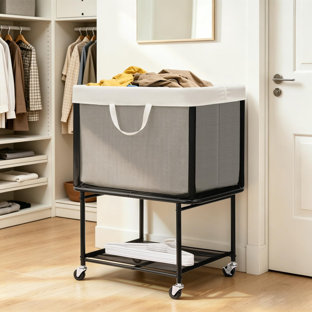 Rolling Laundry Hamper with Lockable Wheels, 29-Gallon (110L) Laundry Cart with Removable Canvas Bag, 2-Tier Clothes
