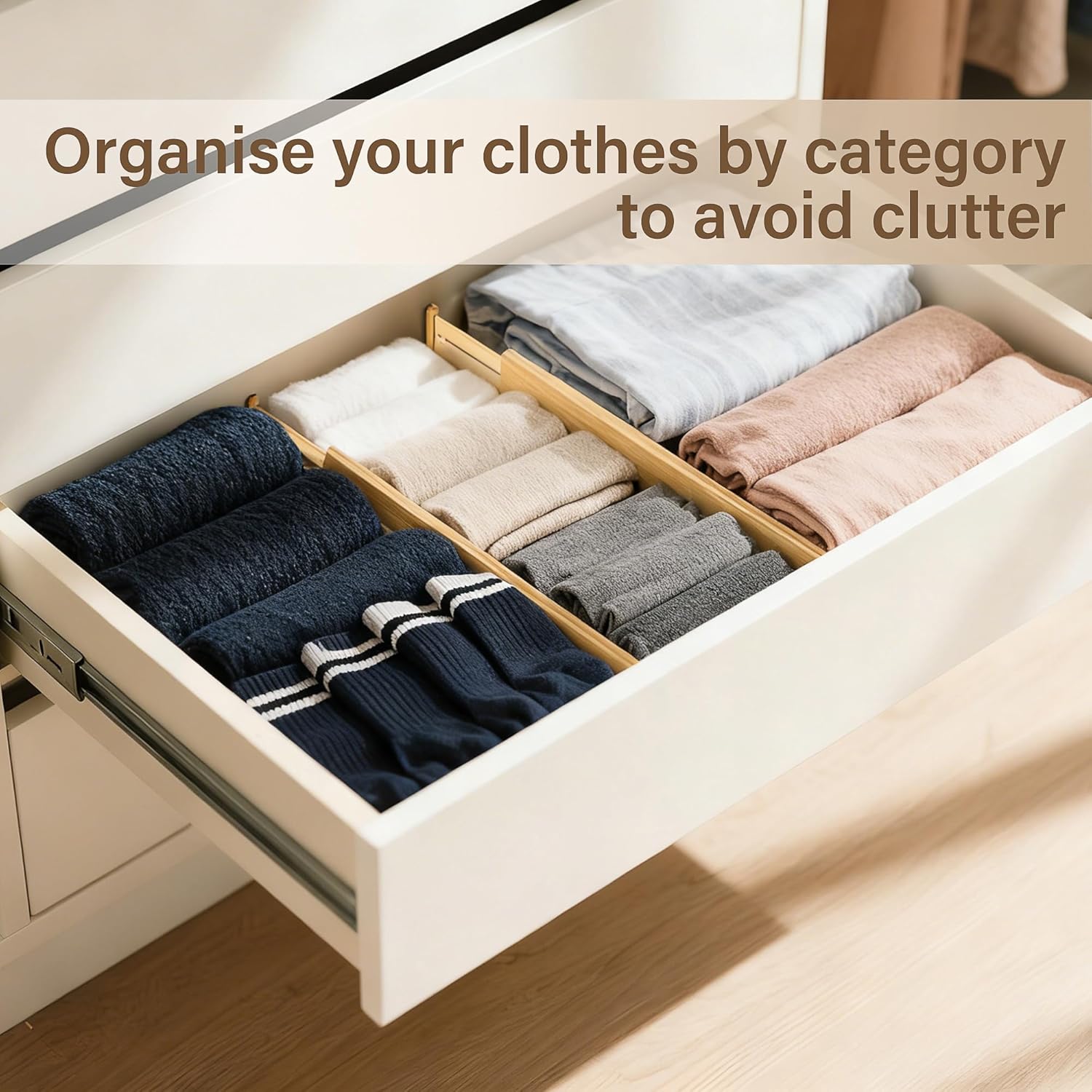 Bamboo Drawer Divider Set of 4, Adjustable Spring-Loaded Drawer Organizer (16.9"-22.2"), 2.3" Height, Suitable for