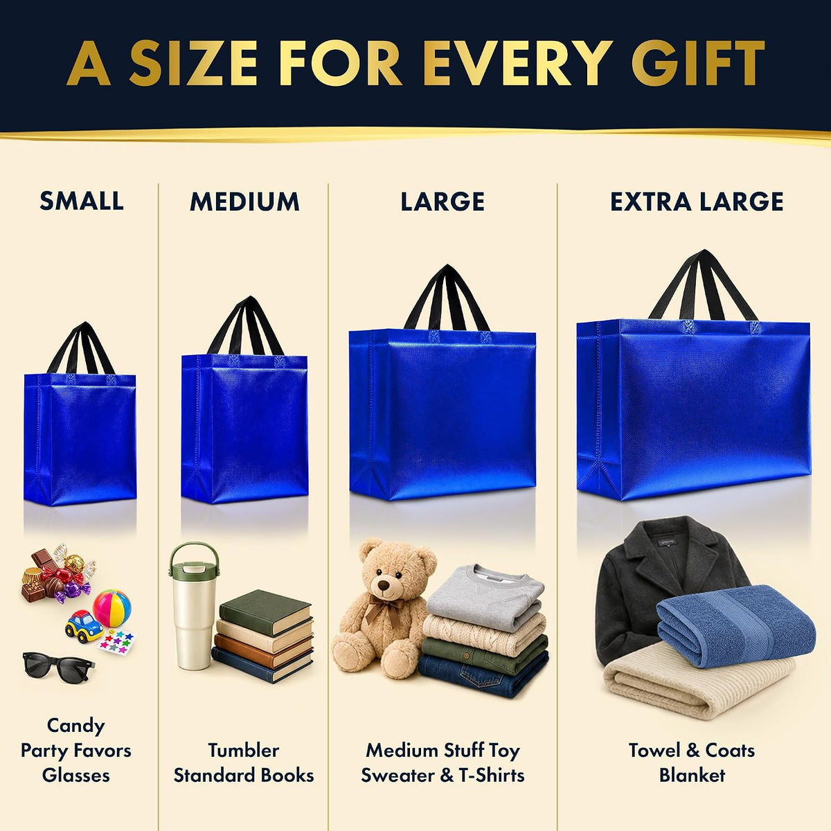 12 Reusable Blue Gift Bags with Handles, 4 Assorted Sizes