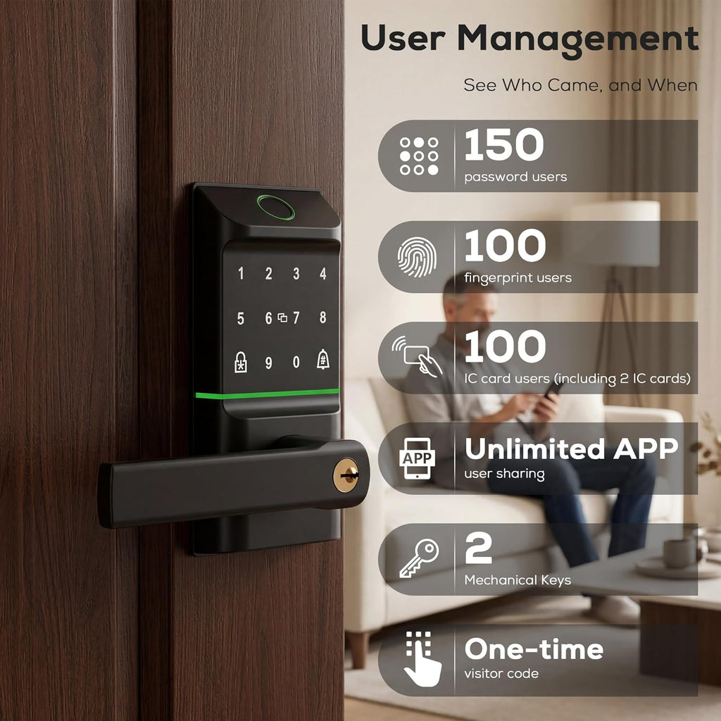 Smart Door Lock Keyless Entry, 6-in-1 Biometric Deadbolt w/Fingerprint, Keypad, IC Card, APP, Key, Type-C Charging