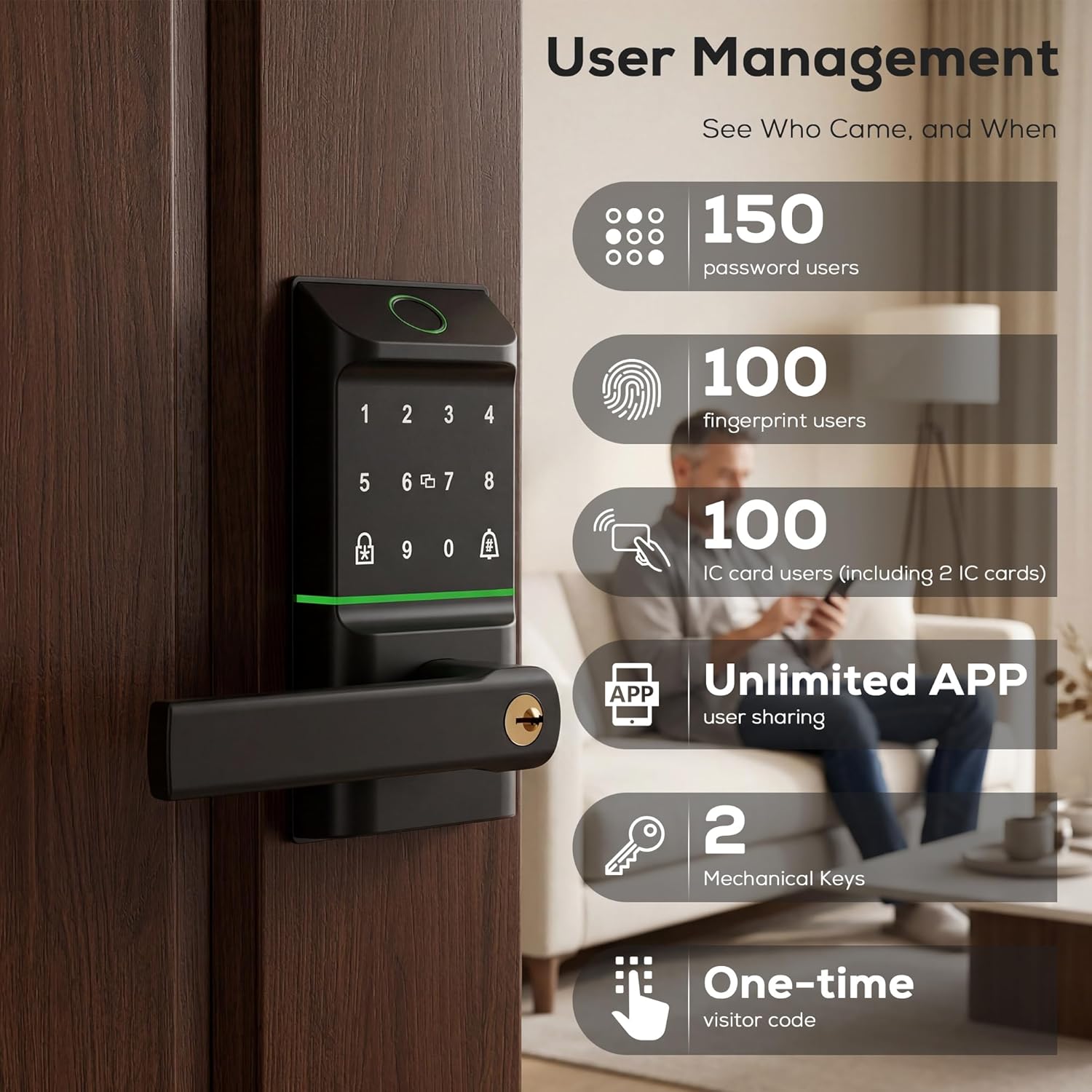 Smart Door Lock Keyless Entry, 6-in-1 Biometric Deadbolt w/Fingerprint, Keypad, IC Card, APP, Key, Type-C Charging