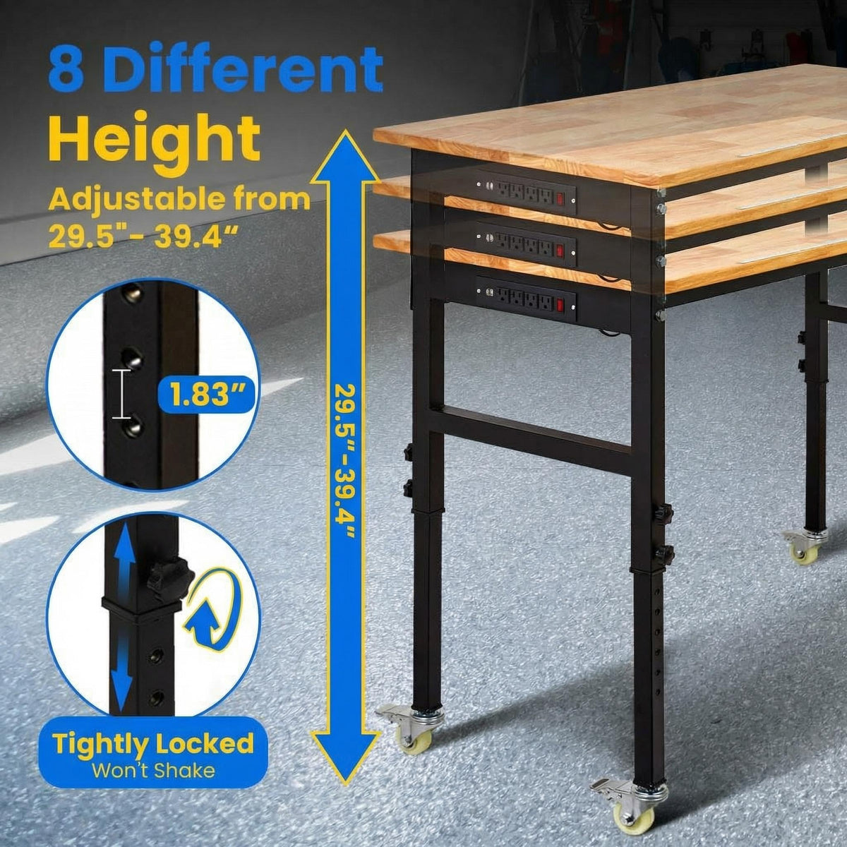 70-Inch Height Adjustable Workbench with Power Outlets, Solid Rubber Wood Top Heavy Duty Garage Tool Table