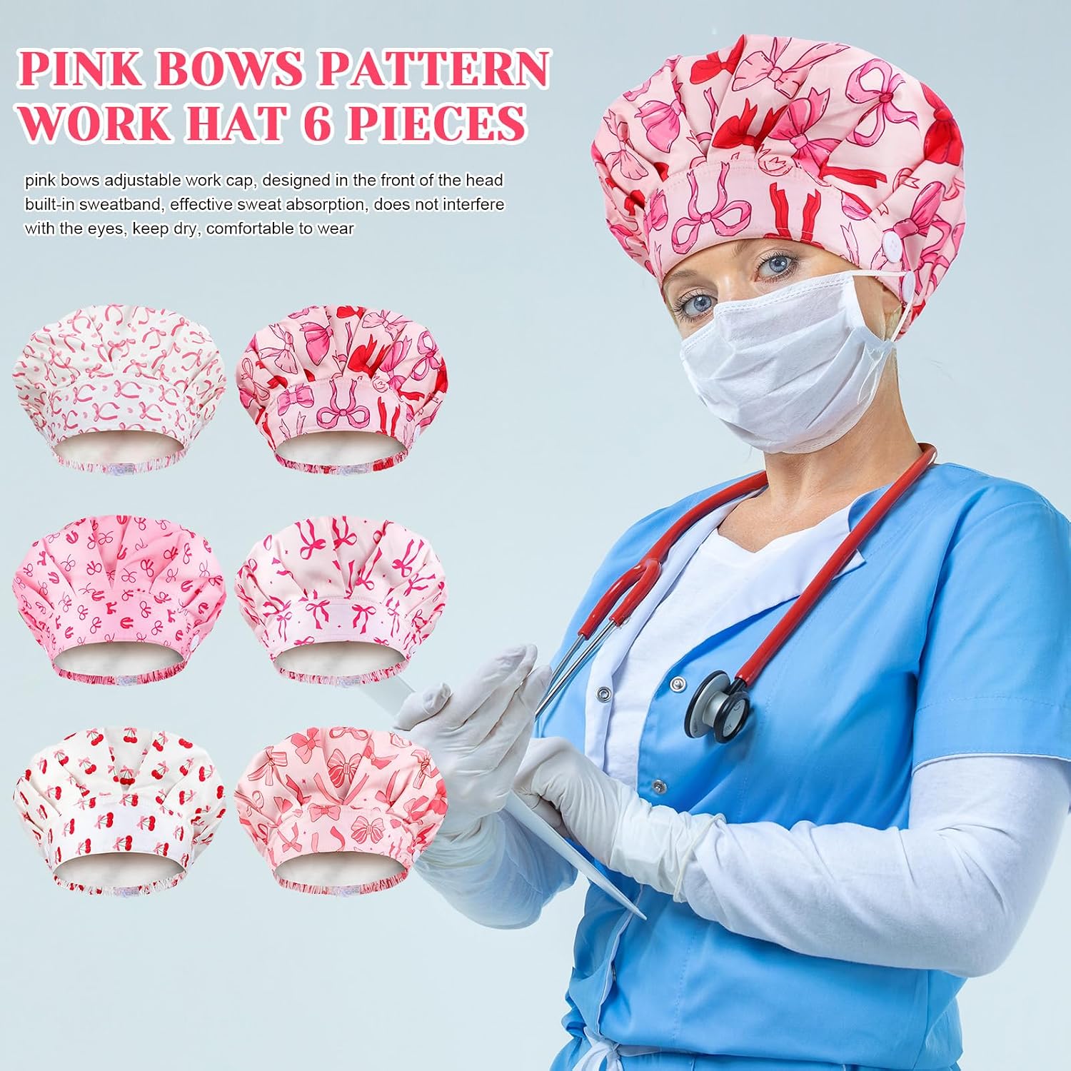 6Pcs Satin Lined Scrub Cap Women Surgical Nurse Cap Ponytail Adjustable Tie Back Girly Nursing Working Hat with Button
