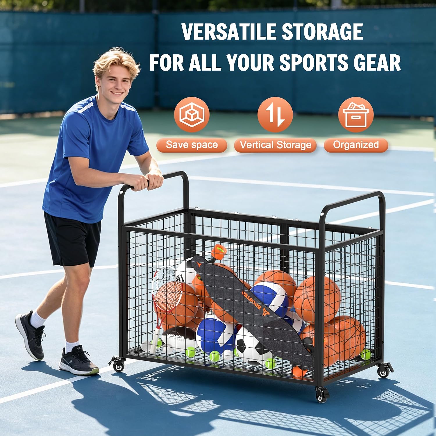 Ball Cart Storage for Garage Compatible with Optional Divider, Extra Large Basketball Cage Bin for Indoor Outdoor