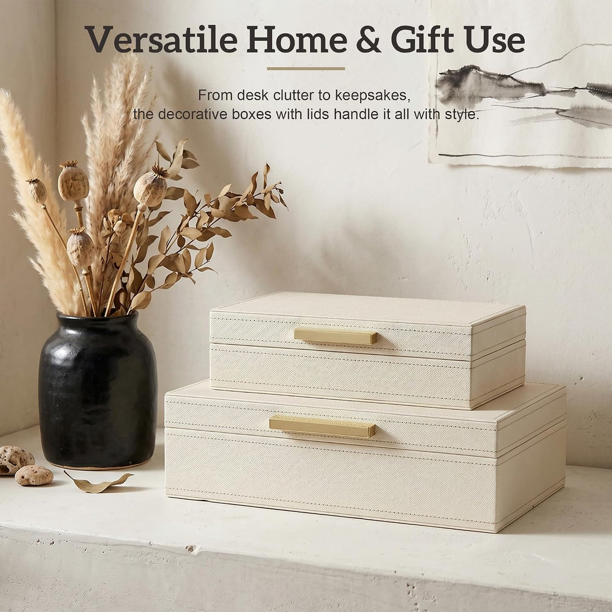 Decorative Storage Boxes with Lids, Set of 2 PU Leather Organizer Boxes