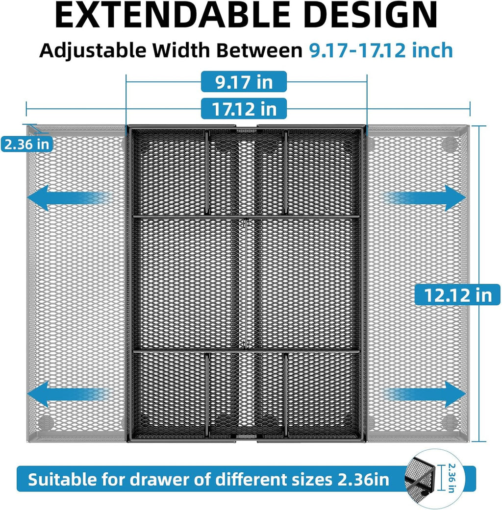Expandable Desk Drawer Organizer, Mesh Drawer Organizer Tray with 10 Adjustable Compartments, Desk Organizers and