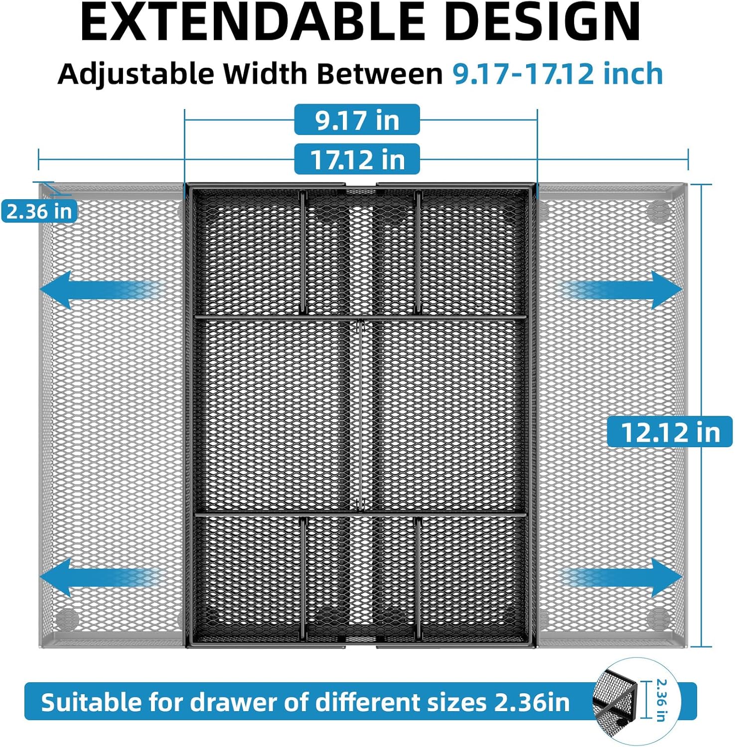 Expandable Desk Drawer Organizer, Mesh Drawer Organizer Tray with 10 Adjustable Compartments, Desk Organizers and