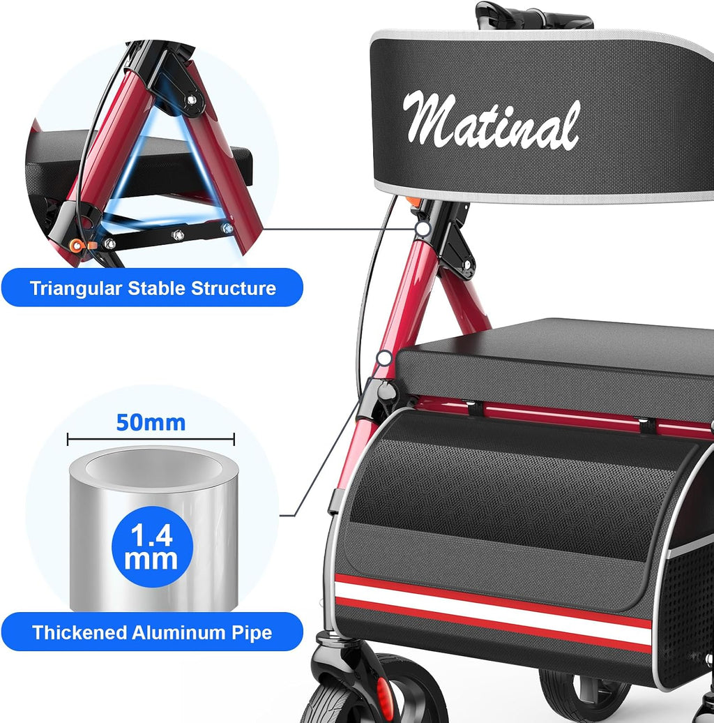 Walkers for Seniors with seat, Rollator Walker with Seat, Walkers for Seniors Foldable, 350 lb Capacity, with 8'' Big