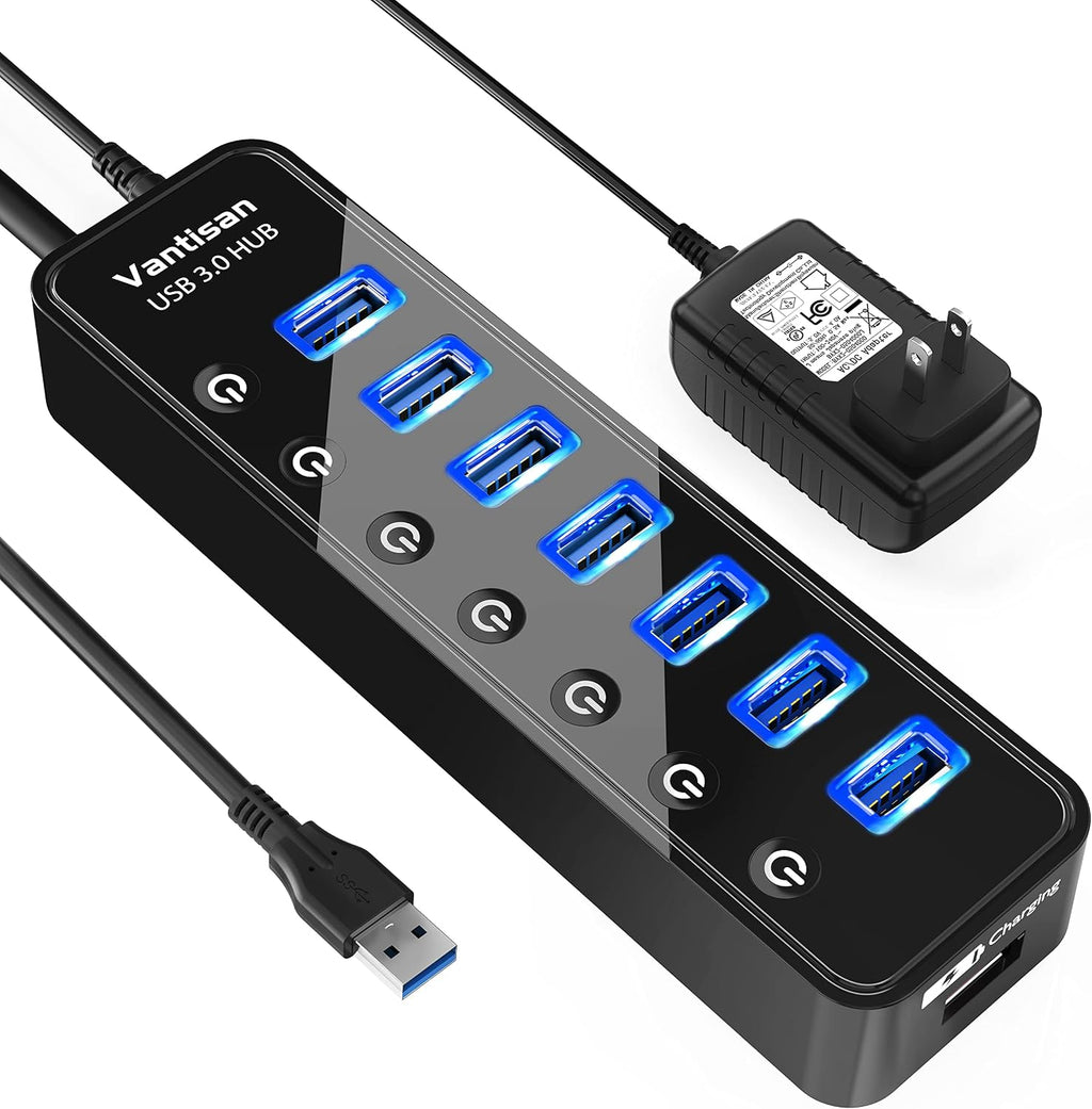 USB Hub 3.0 Powered, 7 Ports USB Data Hub Splitter with One Smart Charging Port and 5V/4A Powered Adapter and ON/Off