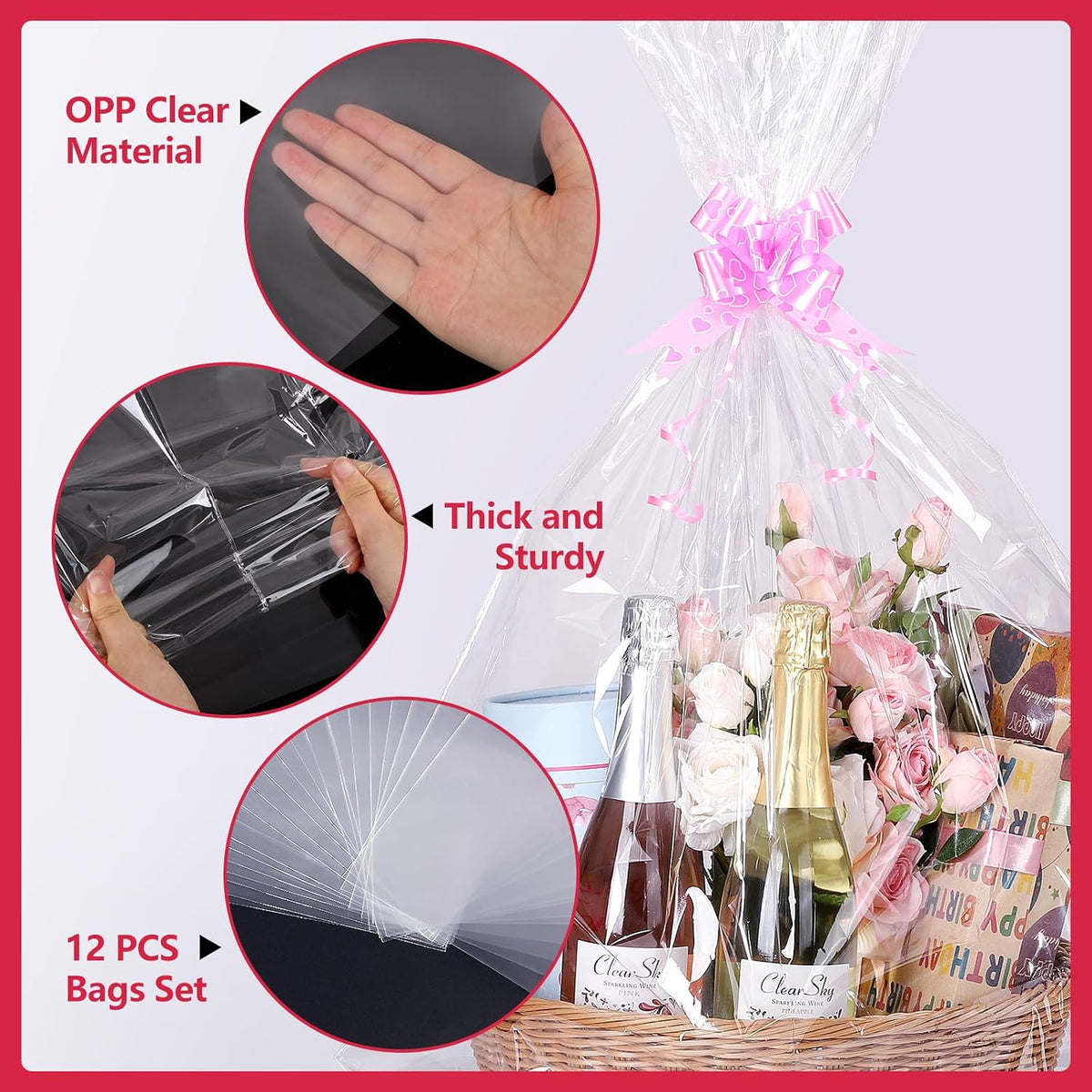 12Pcs Large Cellophane Bags for Gift Baskets 24x30 Inch