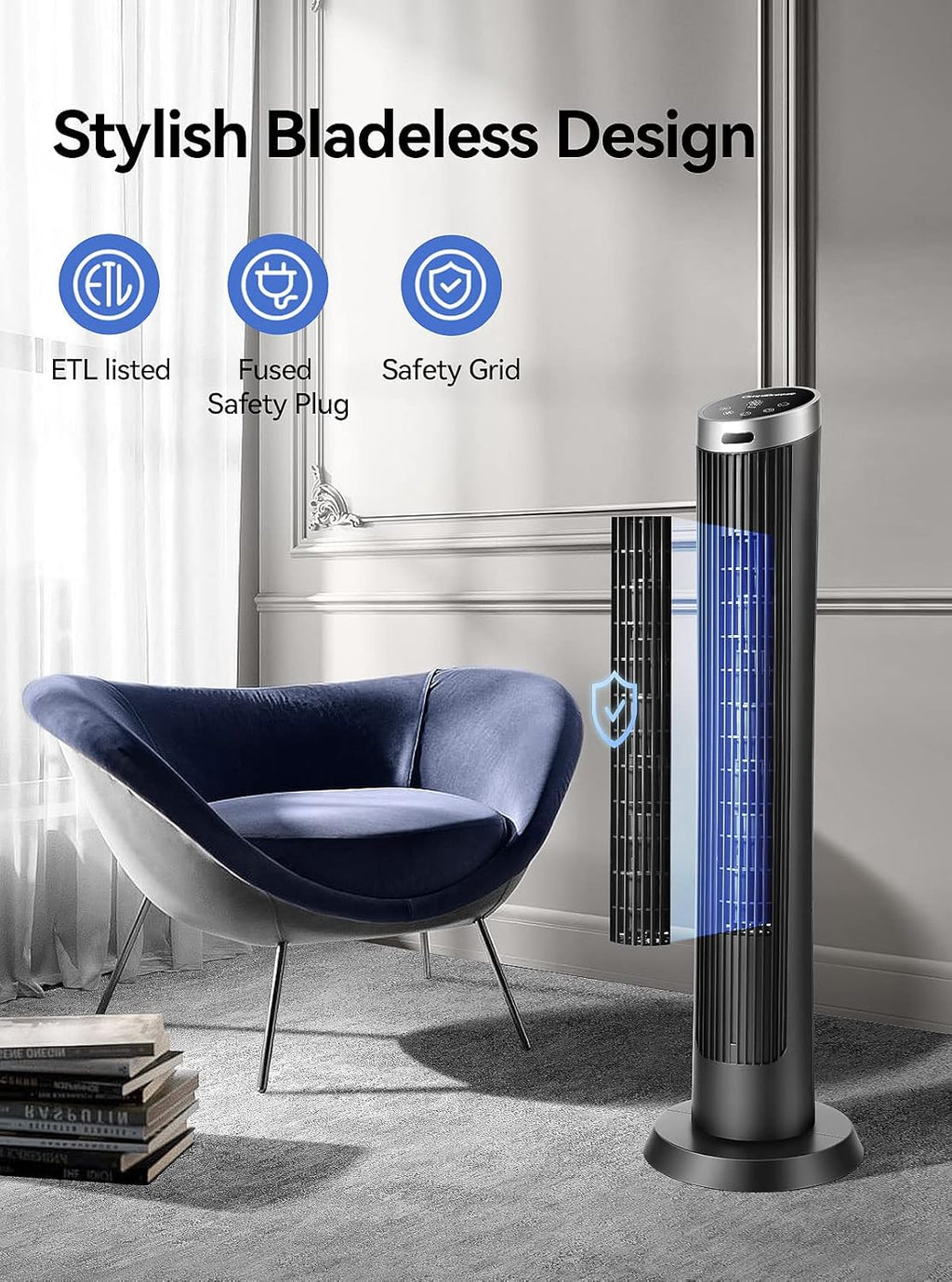 Digital Electric Tower Fan, with Remote Control, LED Display, Standing Bladeless Floor Fans Cooling and Quite Indoor