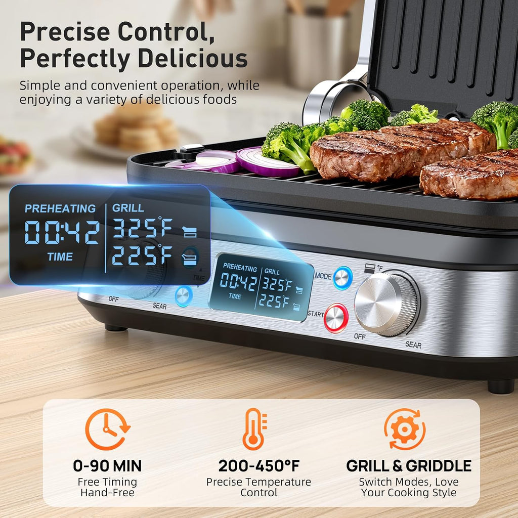 6-in-1 Indoor Grill and Griddle, 14’’, Electric Grill Indoor,1700W | 90-Minute Timer, Reversible nonstick grill &