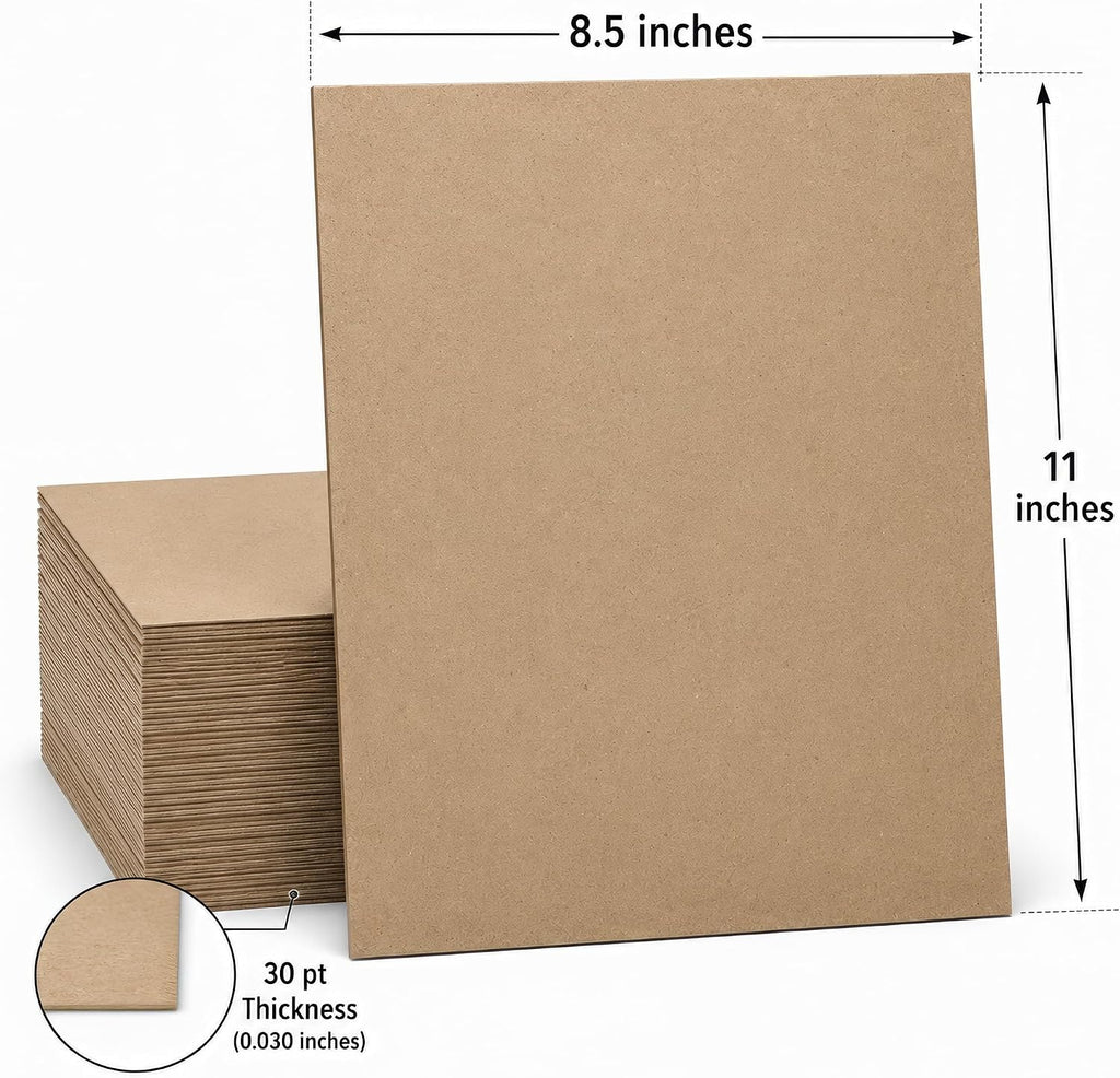 Heavyweight Kraft Chipboard Sheets - Thick 30pt Brown Cardboard Sheets - 100 Pack Chipboard 8.5" x 11" Rigid Chip