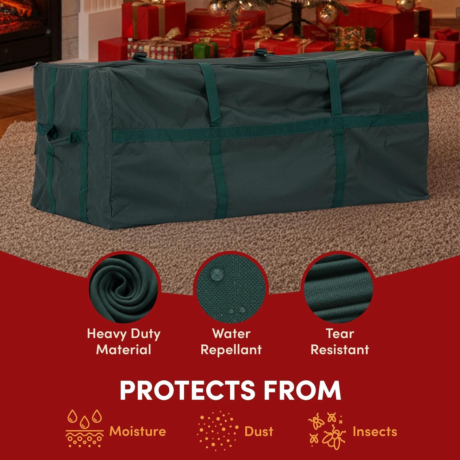 Heavy Duty Canvas Christmas Tree Storage Bag with Straps, fits up to 7.5 ft Tree, Green