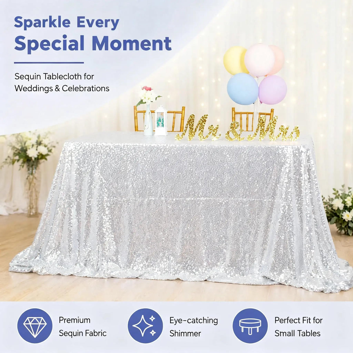 Silver Sequin Tablecloth 50x72, Sparkly Glitter for Wedding Party