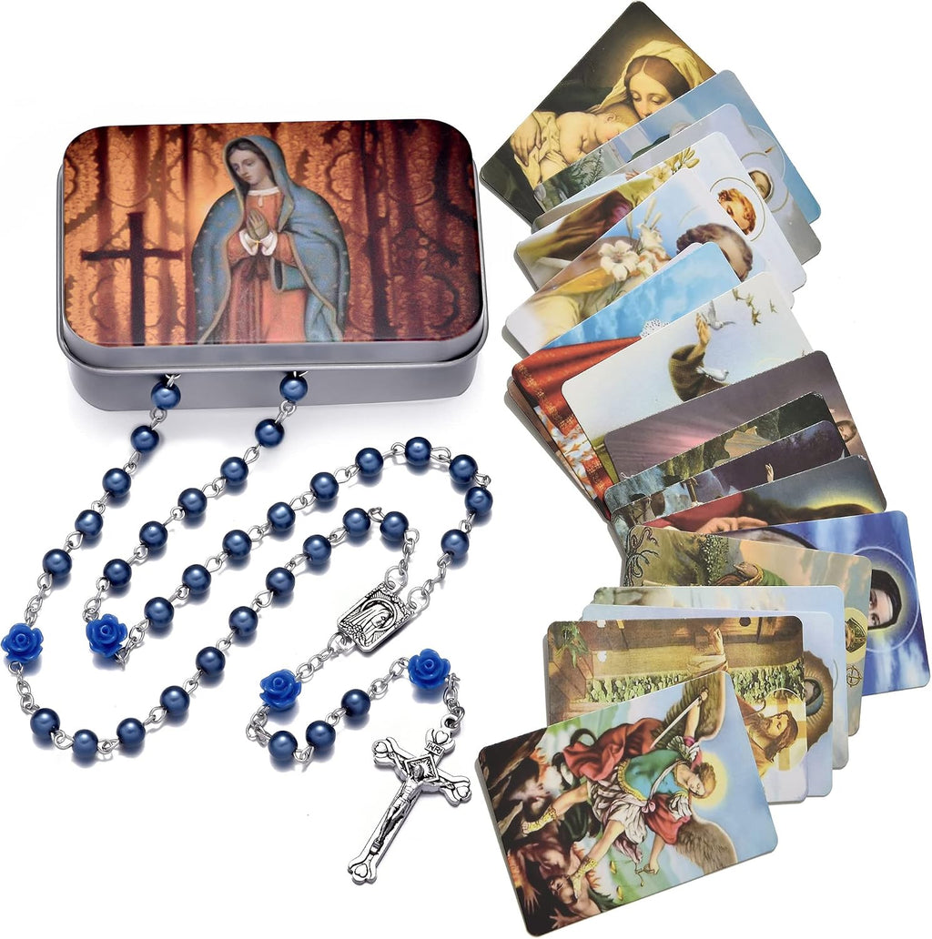 Rosary Beads Catholic Necklace Holy Soil Medal Cross Crucifix with Metal Box and 18pcs Prayer Cards