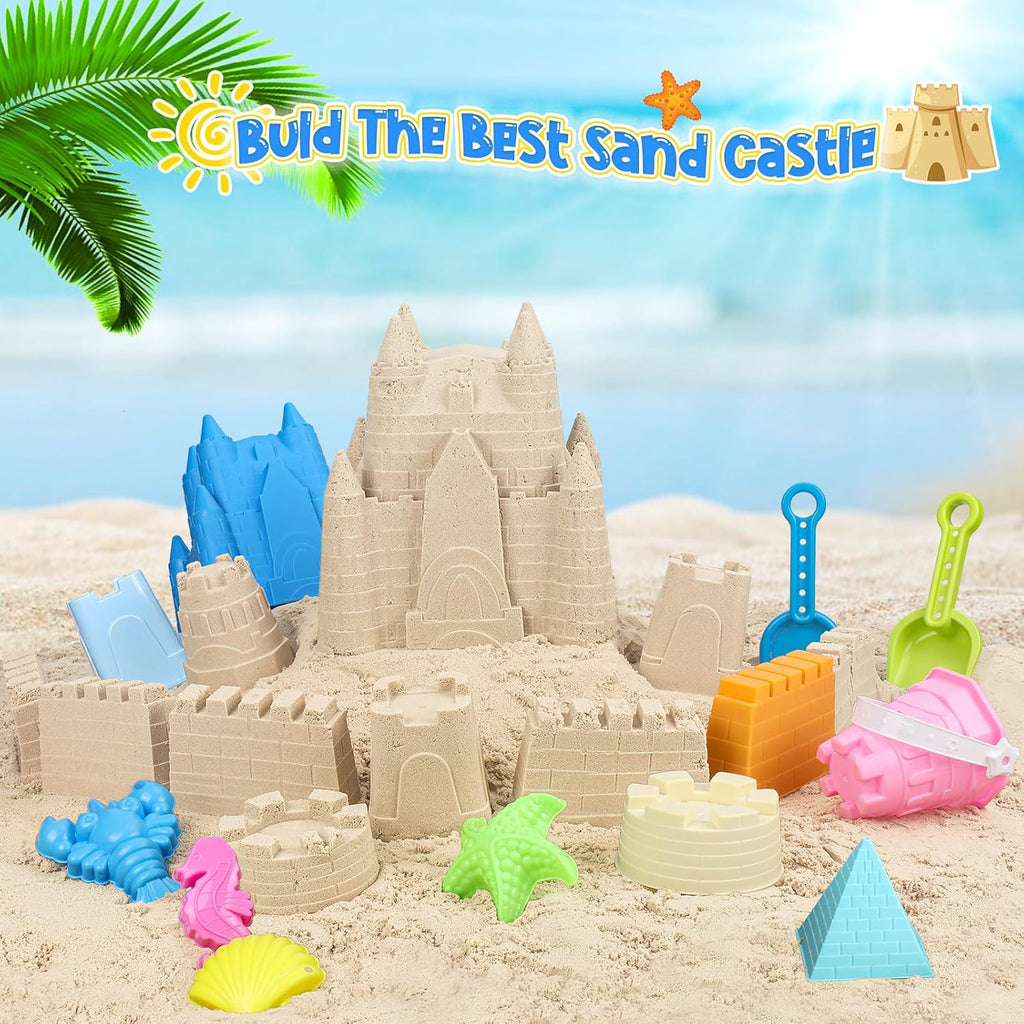 Beach Toys with Castle Bucket, Sand Molds for Kids Ages 3-12 | 2 Mini Bucket, Shovel and Rake for Sand Castle Play