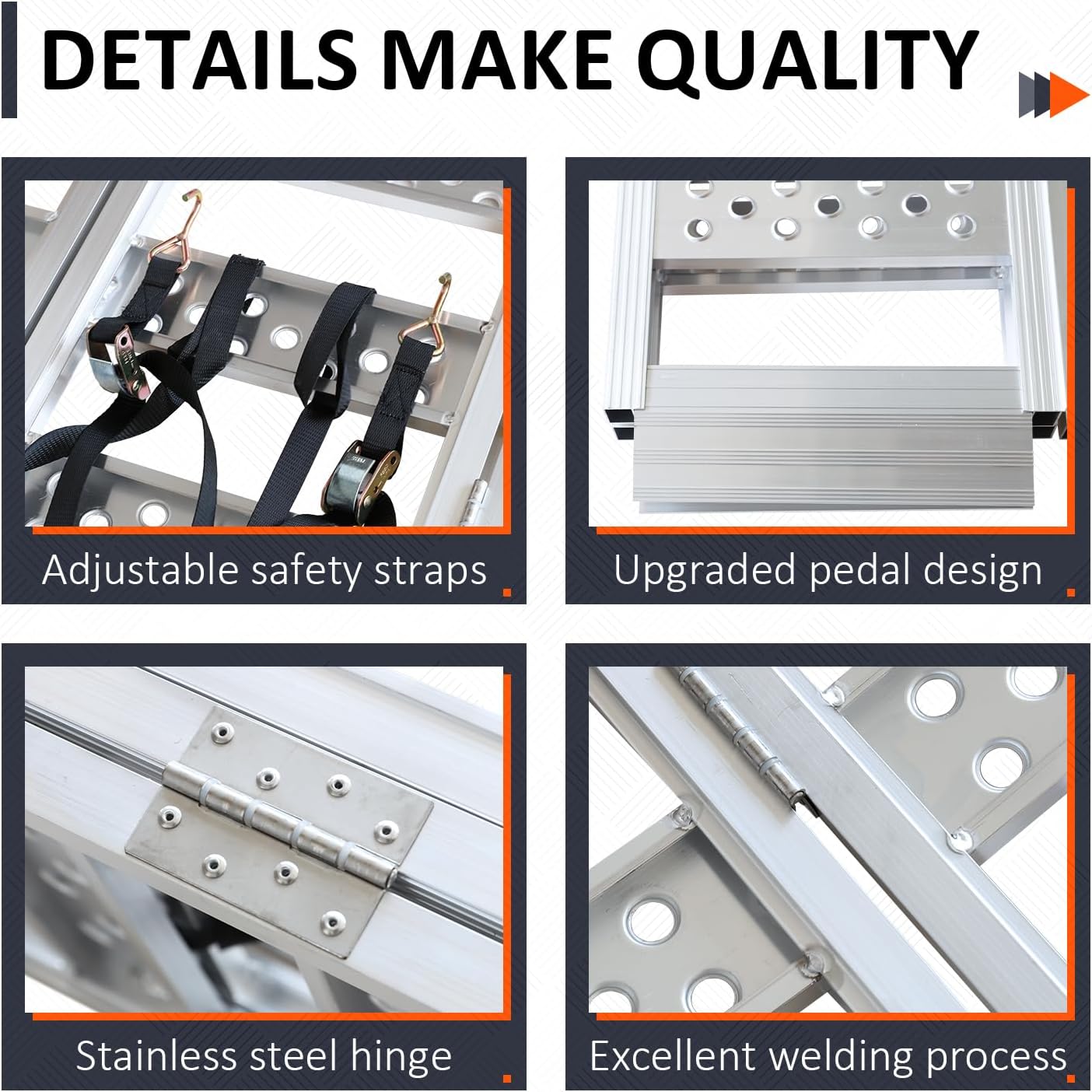 Aluminum Tri-Fold Ramp with Treads, 1600 lbs Capacity/535lbs per Section, ATV Ramp with Load Straps for Motorcycles