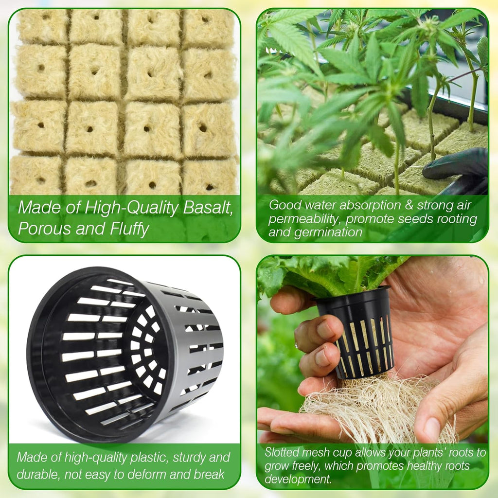 36PCS 1.2" Rockwool Cubes & 30PCS 2" Net Cups for Hydroponics | Rockwool Garden Starter Plugs, Hydroponics Kit for