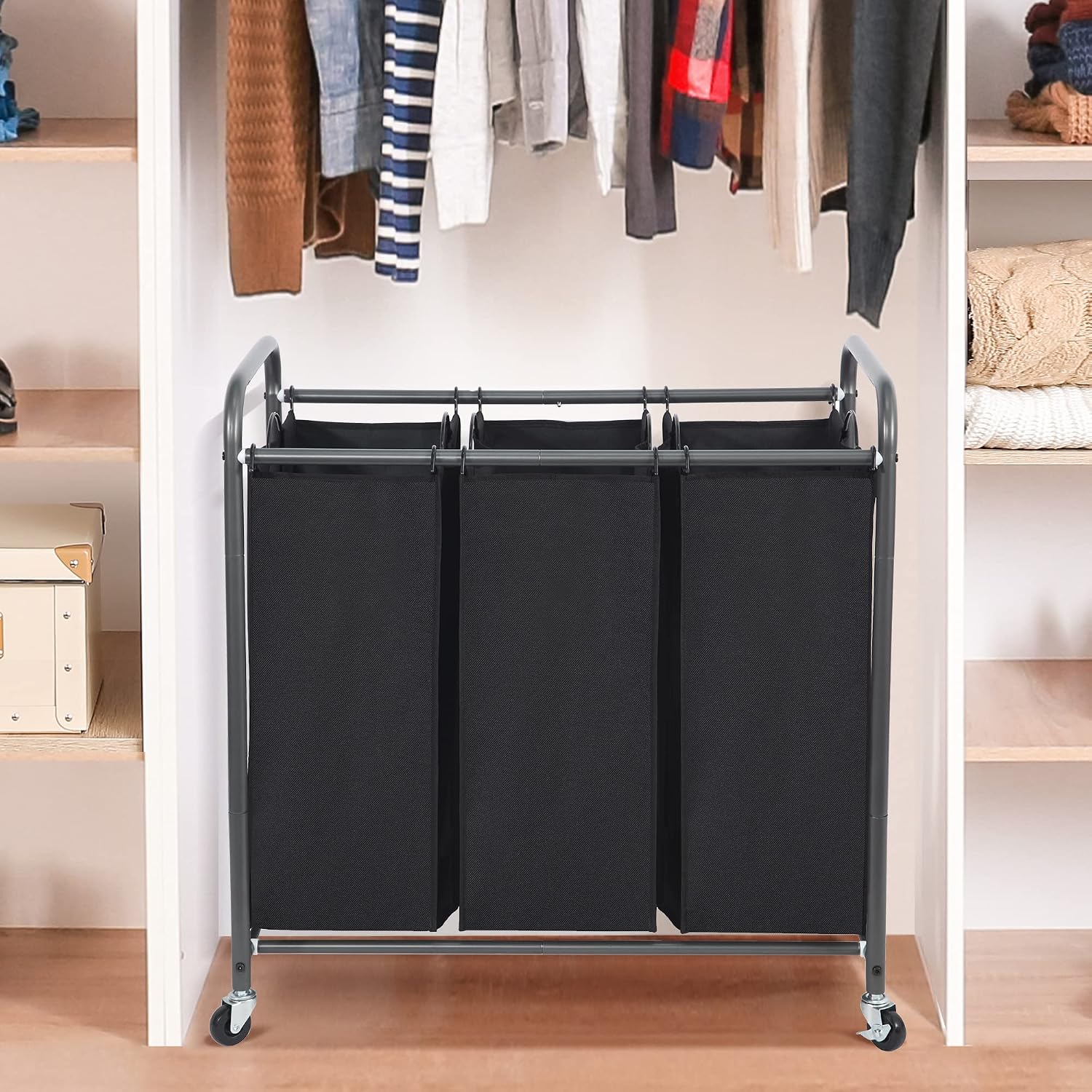 Laundry Sorter 3 Section, 3 Bag Clothes Hamper, Rolling Laundry Cart Basket with Heavy Duty Lockable Wheels and