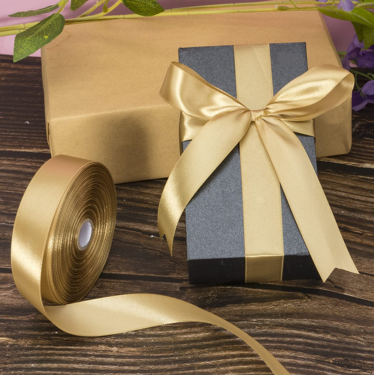 1 Inch Champaign Gold Solid Satin Ribbon for Gift Wrapping, 50 Yards