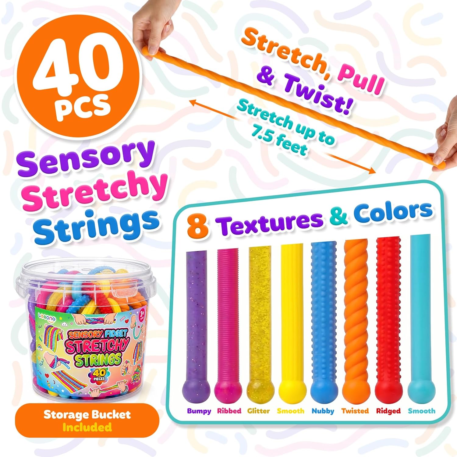 Fidget Sensory Toys for Kids, 40 Pack Textured Sensory Stretchy Noodles, Calm Down Stress Toys for Autism ADHD, Quiet