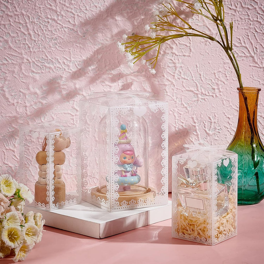 24PCS 3.5x3.5x5.5 Clear Wedding Favour Boxes with Bowknot Pattern Rectangle PVC Transparent Gift Boxes for Candy