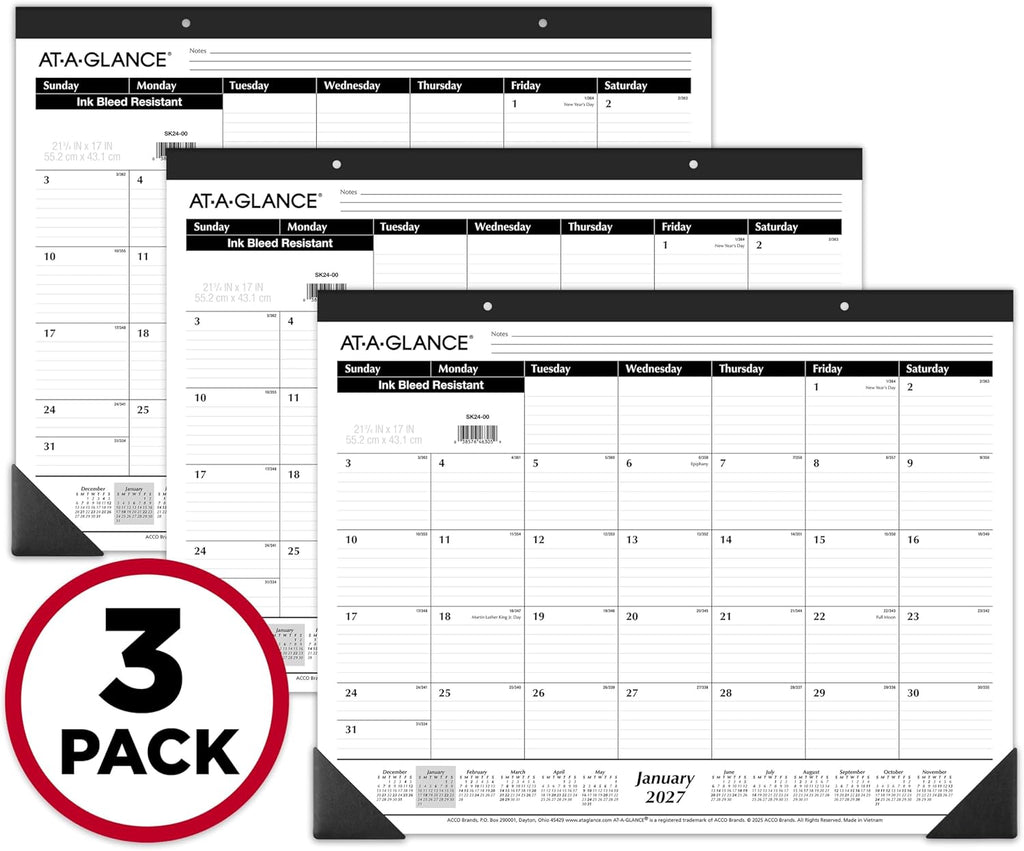 2027 Desk Pad Calendar, Monthly Desk Wall Planner, 21.75" x 17", Ruled Blocks, 3 Pack (AZSK240027)