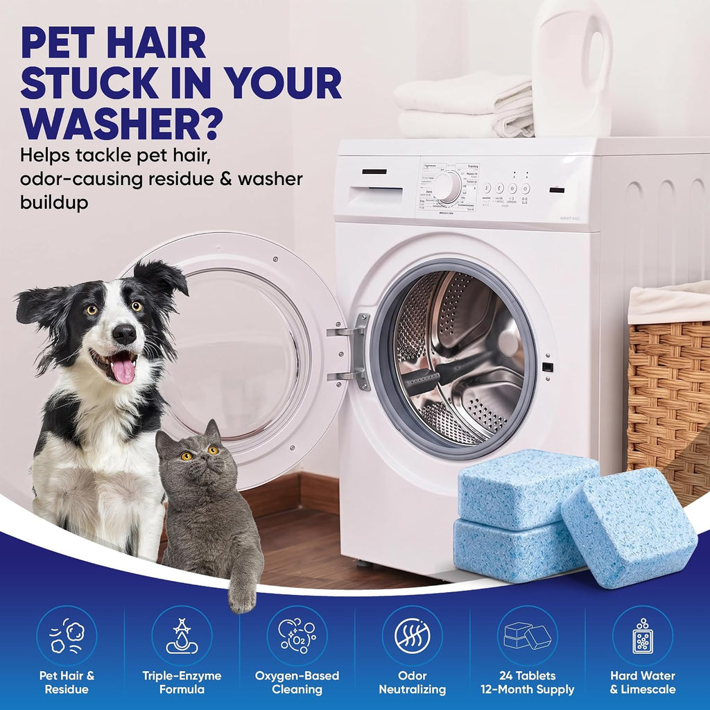 Washing Machine Cleaner Tablets for Pet Owners Enzymatic Deep Clean Helps Remove Cat & Dog Hair Urine Odor Causing