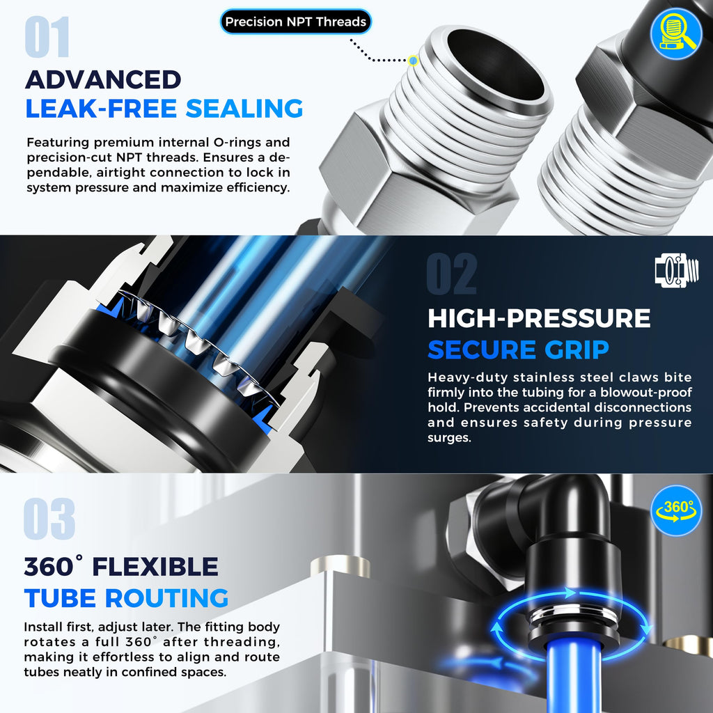 TAILONZ 5/32" x 1/4" NPT Push to Connect Straight & Elbow Fitting Kit 4Pcs