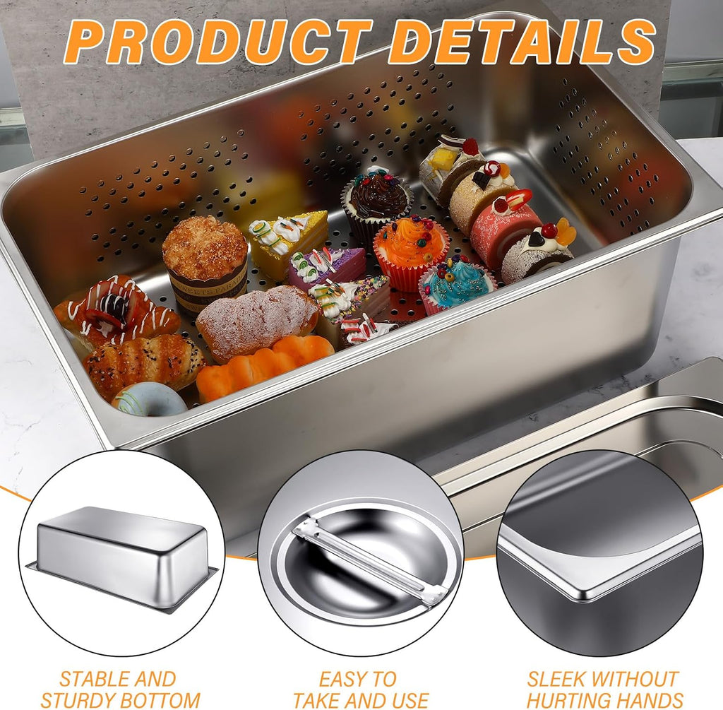 3 Pack Full Size Hotel Pan with Lid, 6 Inch, 8 Inch