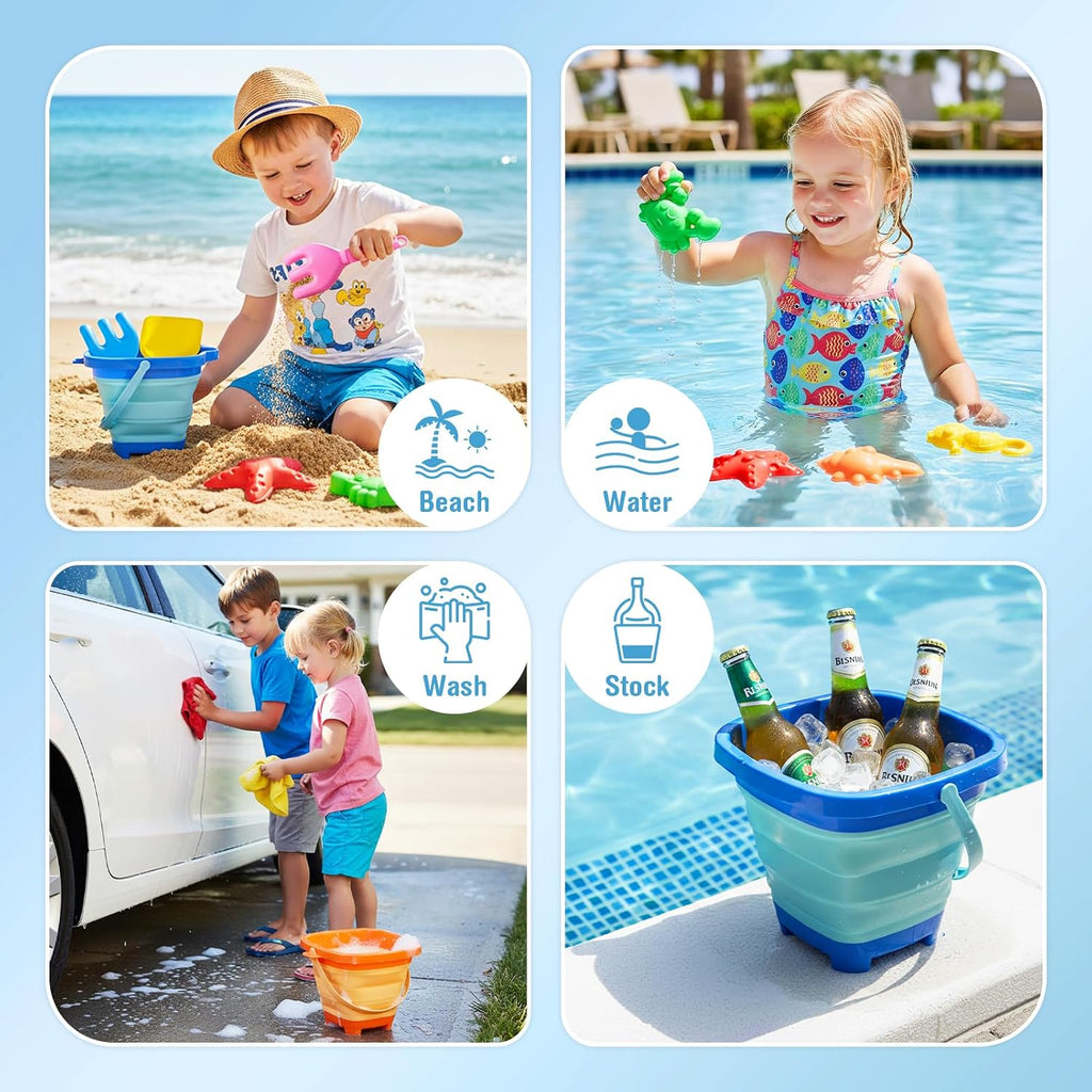 Beach Toys for Kids 3-10, Collapsible Sand Castle Toys for Beach Include 3 Pack Foldable Buckets, Shovels Molds and