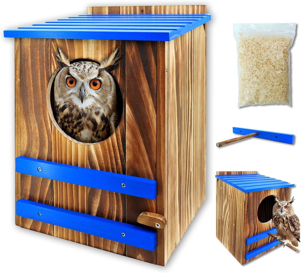 Screech Owl House for Outdoors,10"x10"x15" Large Carbonized Wood Barred Owl Nesting Box, Weather-Resistant Bird House