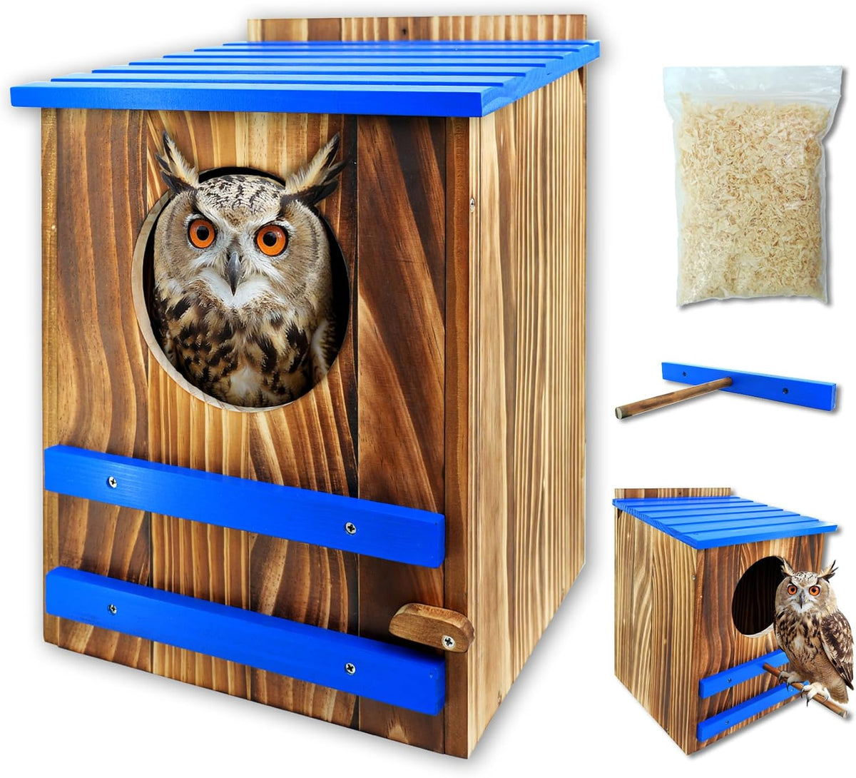 Screech Owl House for Outdoors,10"x10"x15" Large Carbonized Wood Barred Owl Nesting Box, Weather-Resistant Bird House