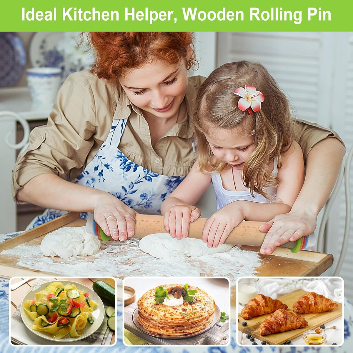 Wood Rolling Pin with Thickness Rings, Adjustable Wooden Rolling Pins for Baking, Dough Roller Pins for Cookie Pastry