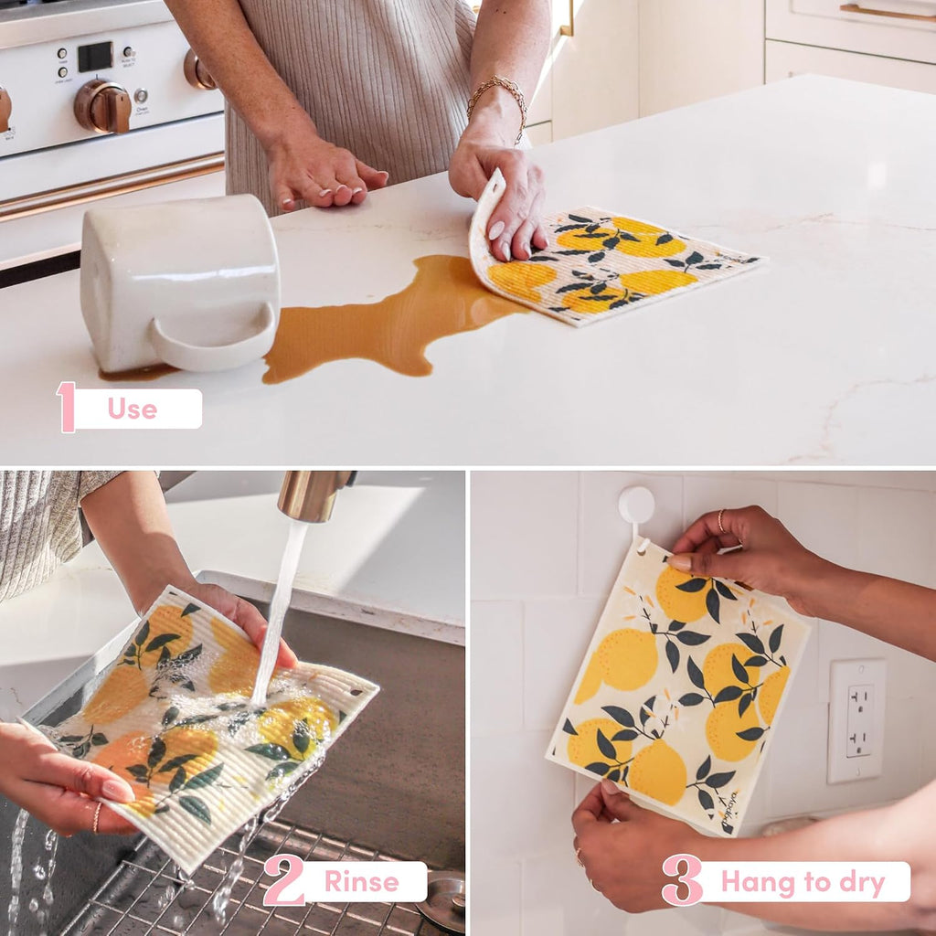 Swedish Dishcloths for Kitchen, 4 Reusable Paper Towels, 2 Hooks
