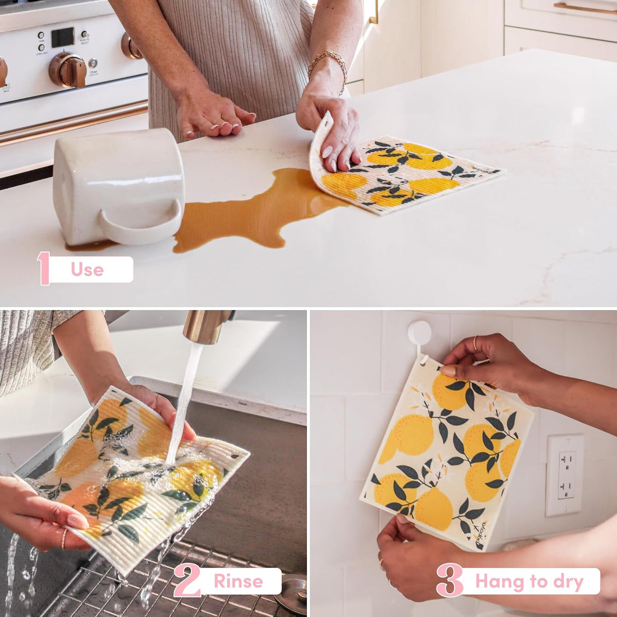Swedish Dishcloths for Kitchen, 4 Reusable Paper Towels, 2 Hooks