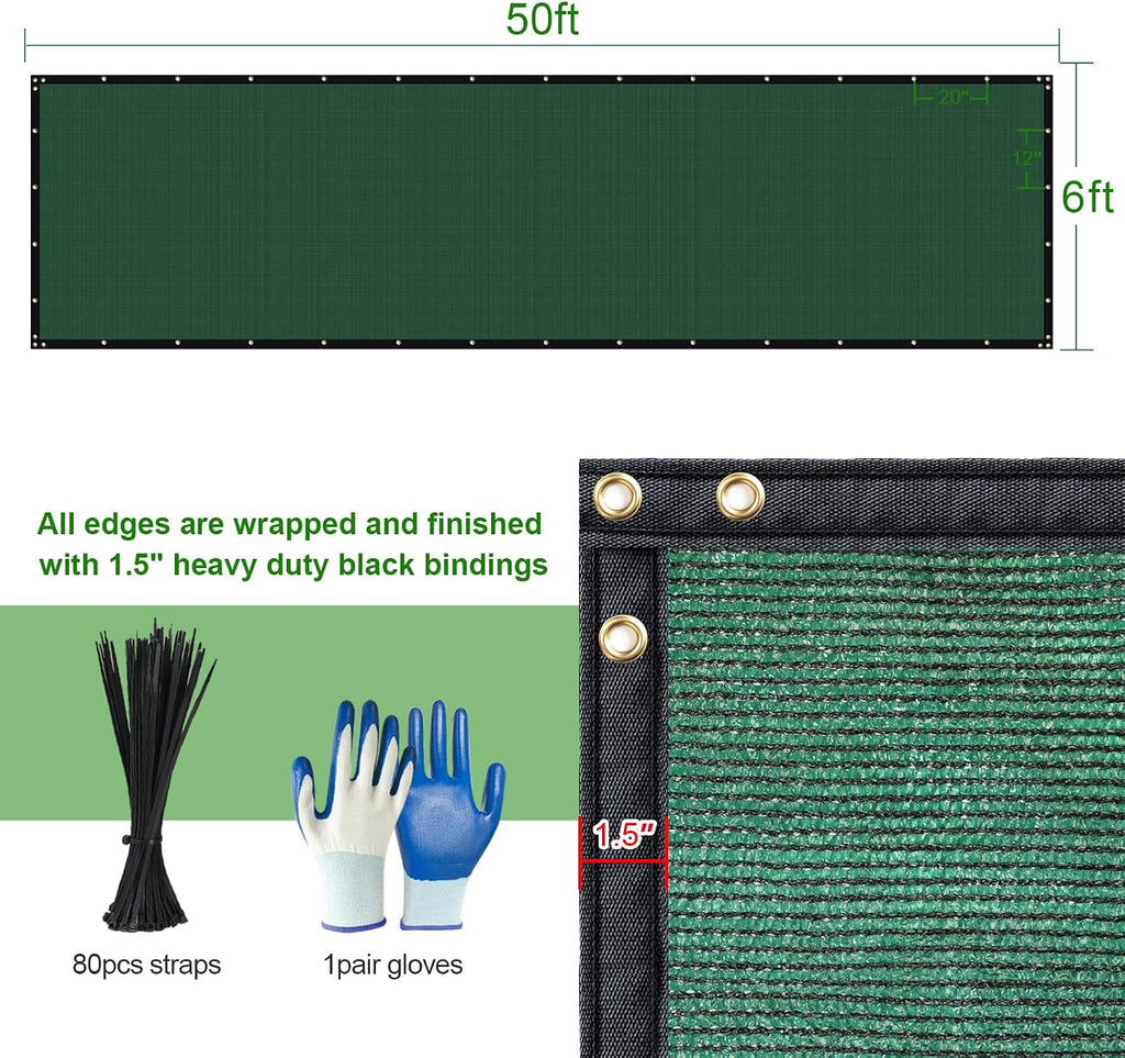 Privacy Fence Screen,with Gloves, 6X50FT Heavy Duty 220GSM 98% Blockage Privacy Screen Fence for Outdoor Wall Garden