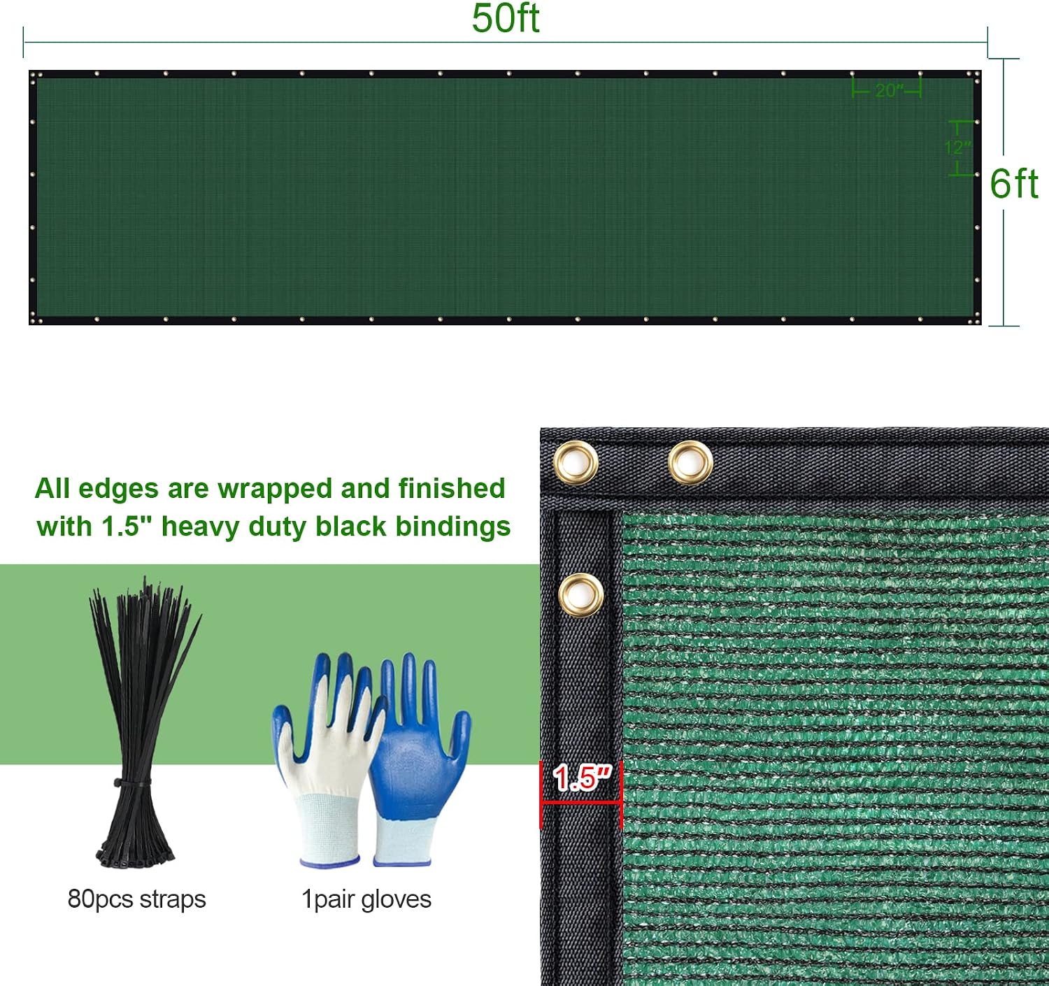 Privacy Fence Screen,with Gloves, 6X50FT Heavy Duty 220GSM 98% Blockage Privacy Screen Fence for Outdoor Wall Garden