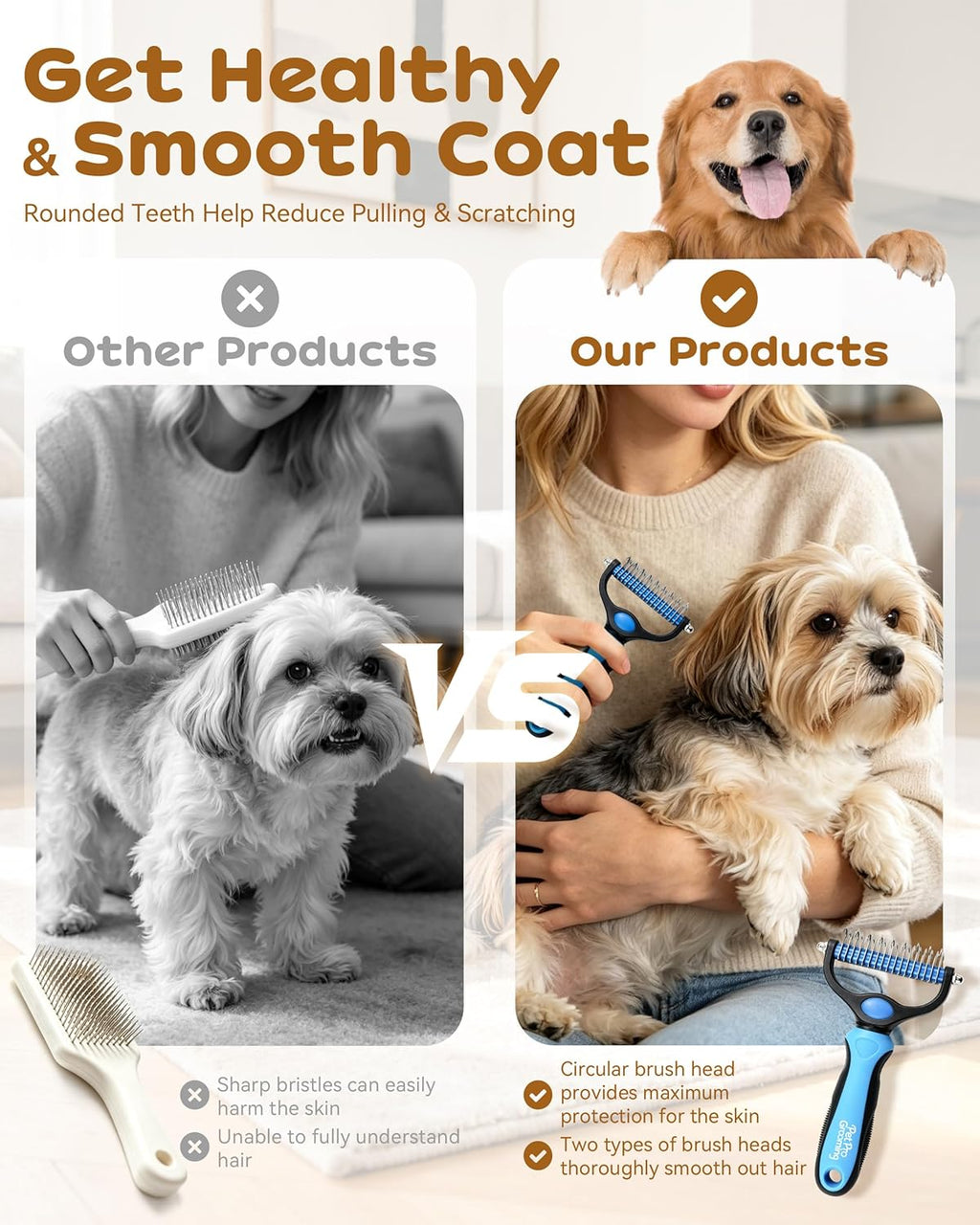 Tool, 2-In-1 Double-Sided Grooming Tool, Deshedding Dog Brush, Pet Shedding Remover Rounded-Tooth Comb For Painlessly