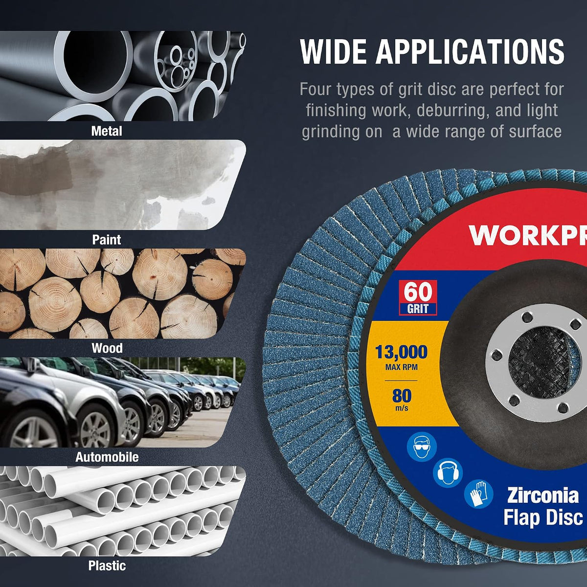 WORKPRO 10-Pack Zirconia Flap Discs, 4-1/2" x 7/8", T29, 60 Grit
