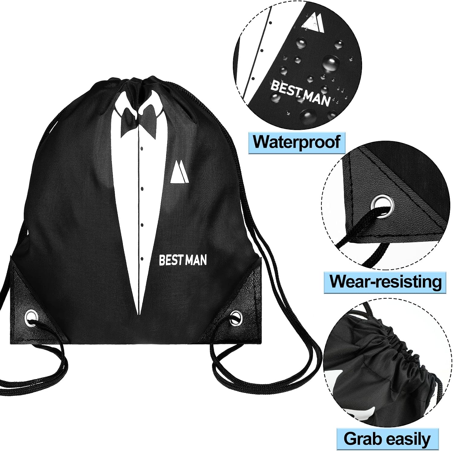 7 Pack Groomsmen Gift Bags Drawstring, 9x9.9 Black Tuxedo Print
