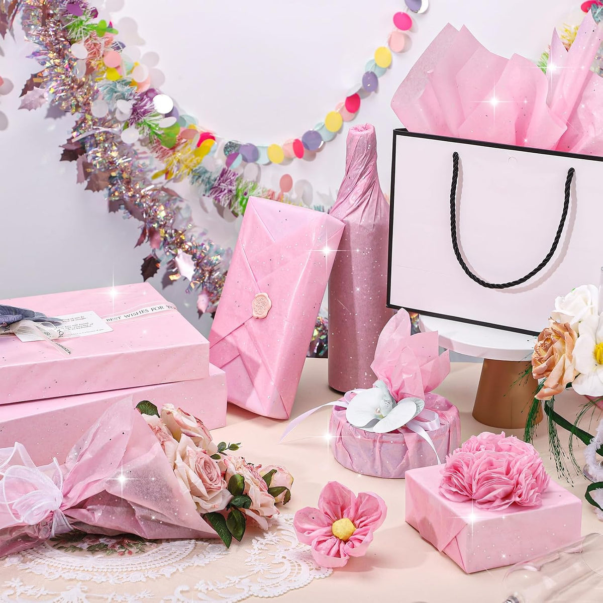 135 Sheets Glitter Pink Tissue Paper 20 x 14 Inch